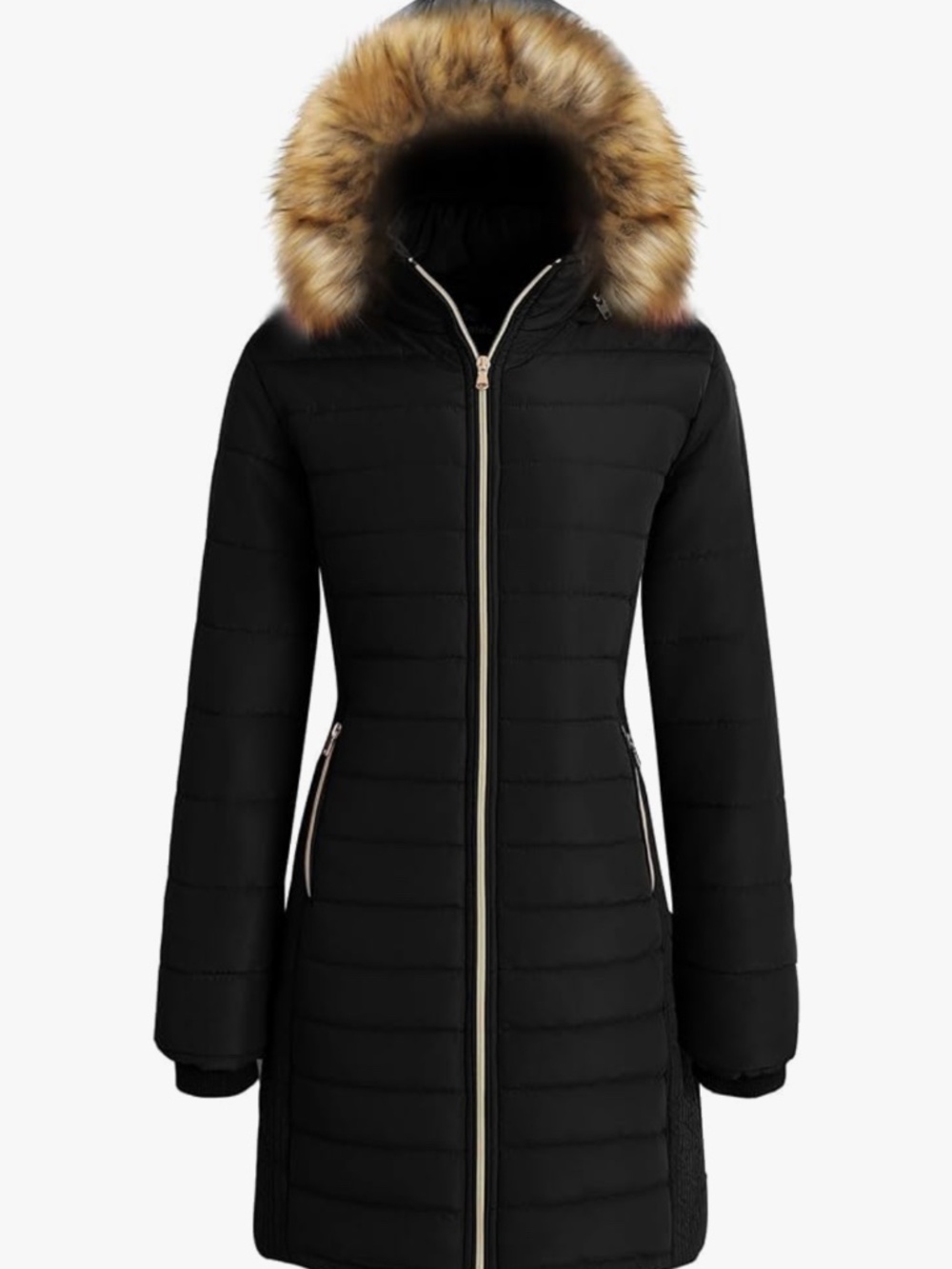 Classic black puffer coat with a faux-fur trimmed hood. Insulated design for rel